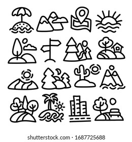 illustration of landscapes and nature icons set