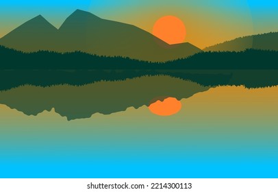 Illustration of landscapes, nature, panoramas, mountains and the orange of the evening sun. reflection on water background vector horizon sky summer hill forest view tree landscape