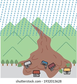 Illustration of a landslide disaster where a debris flow pushes a house away 