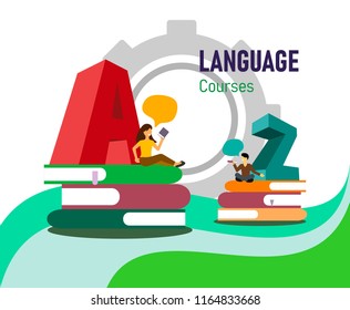Illustration for language courses from A to Z with characters, letters and piles of books
