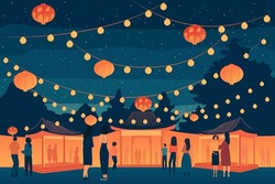 Illustration For Lantern Festival, People Having Fun And Celebrating, Lots Of Lanterns And Bright Bulbs Around, Festival, Celebration