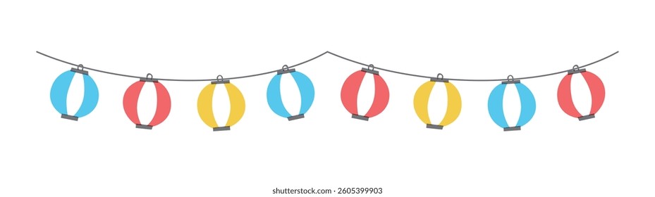 Illustration of “Chochin”(paper lanterns) decorating outdoor of Japanese festival.
These lights are used at Japanese fairs and night stalls.