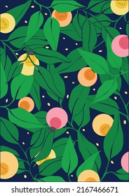 Illustration with lanterns on a background of green foliage for decorative design. Bright garland on a dark background. Festive wedding. Colorful vector art design.