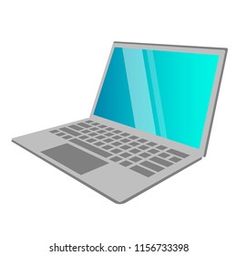 Illustration of laptop at angle. Gray color body, keyboard and blue screen. concept of business new technologies and payment systems. Web sites design, advertising goods and services online shopping