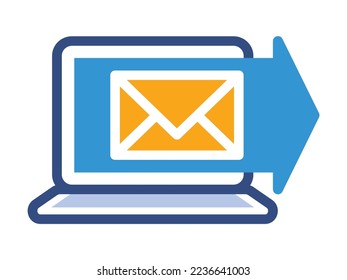 Illustration of laptop with arrow sign envelope. Online message referral service.