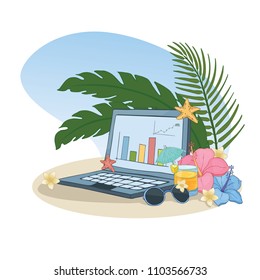 Illustration of a laptop with a cocktail. Image of a work on vacation on a white background.