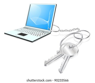 Illustration of  laptop computer attached to keys as a keyring. Access to computers, learning, internet security etc. concept
