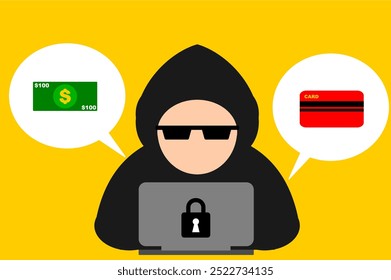 Illustration von Laptop-Computer und Cyber-Kriminelle. Hacker. Hacken. Flache Illustration von Hacker auf Laptop und Geld, Karte, Vektor gelber Hintergrund