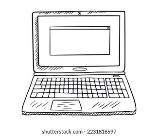 Ilustración del ordenador portátil. Estilo de esbozo de doodle dibujado a mano. Vista frontal. Aislado sobre fondo blanco. Vector