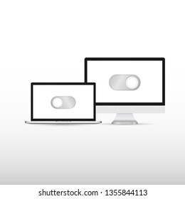 Illustration of a laptop, and computer icon with an on off button
