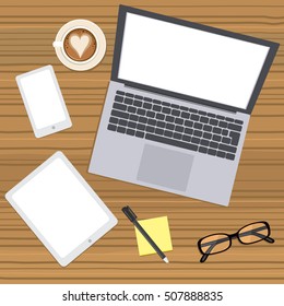 Illustration of laptop computer mockup with white blank space smartphone and tablet working place concept