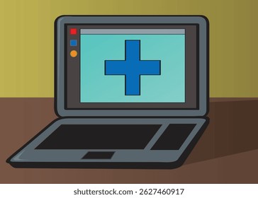 Ilustração de um laptop em uma mesa marrom com uma janela aberta mostrando uma cruz médica azul na tela.