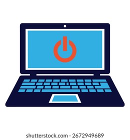 Ilustración de una computadora portátil con un símbolo de poder naranja en la pantalla.