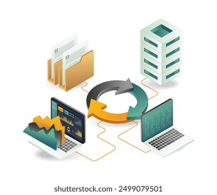 Illustration of a laptop, computer server, and folder with dashboard analytics