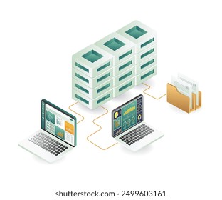 Eine Abbildung eines Laptops, das mit einem Server verbunden ist und Technologie und Datenübertragung darstellt