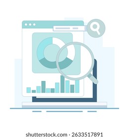 Illustration of Laptop with data analysis tools. Marketing campaign analysis, Website traffic data analysis, SEO report with data graphs and charts, Data analysis software. Vector illustration.