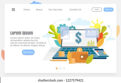 illustration of a laptop with data, earnings through the Internet, research, statistics, financial management concept. Vector illustration for websites and banners.