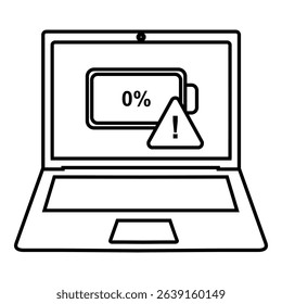 Illustration of a laptop displaying a 0% battery warning with an alert symbol on screen, using bold and clean lines. Icon design vector 