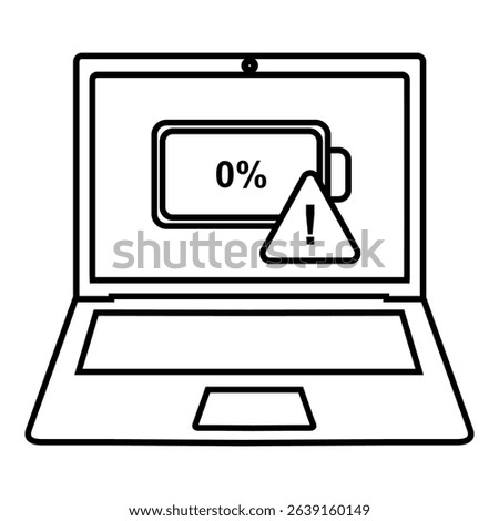 Illustration of a laptop displaying a 0% battery warning with an alert symbol on screen, using bold and clean lines. Icon design vector 