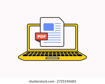 Illustration eines Laptops, auf dem ein Dokument mit einem roten PDF-Etikett angezeigt wird. Einfache, flache Darstellung digitaler Dateien, Online-Dokumente, Downloads und papierloser Arbeit.