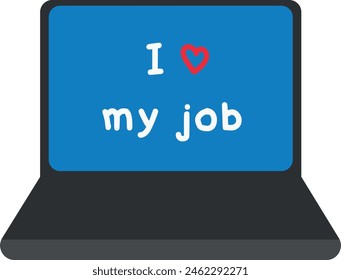 Illustration of a laptop displaying the message "I love my job" with a red heart symbol, on a blue screen.