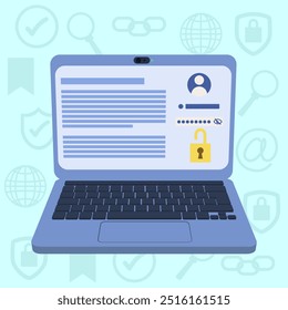 Ilustração de um laptop exibindo uma interface de login segura com um cadeado, representando segurança on-line e autenticação do usuário.