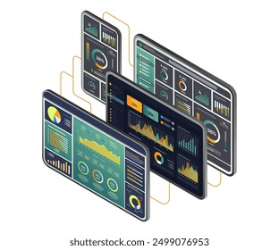 Una ilustración de una computadora portátil que muestra varias visualizaciones de datos y gráficos en su pantalla, mostrando información analítica
