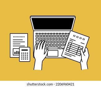 Illustration of laptop, documents and hands.
Illustration related to business, work and office work.
It shows a desk top with a bird's eye view.