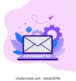 Illustration of laptop and email icon in purple curved shape