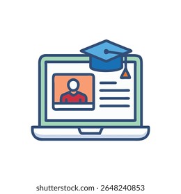 Ilustração de um laptop com um teto de formatura representando a educação online. O estilo de design plano e as cores vibrantes enfatizam o conceito moderno de e-learning.