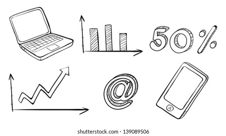 Illustration of a laptop, graph, phone and other symbols on a white background