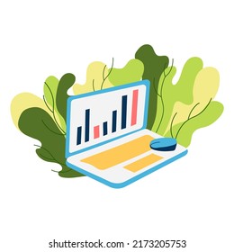 Illustration of the laptop with graphs on the screen. Online education. Trading and analyst.