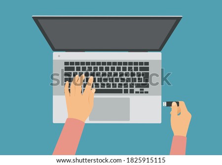 Illustration of a laptop and the hands of a man or woman. Holds the USB flash drive and plugs into a computer - vector