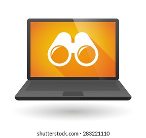 Illustration of a laptop icon with a binoculars