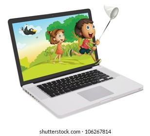 illustration of a laptop and kids on a white background