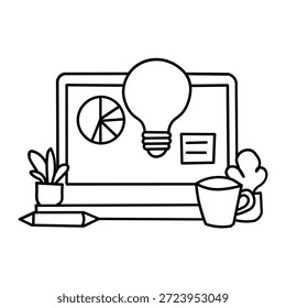 Illustration eines Laptops mit Glühbirne, Tortendiagramm und anderen Elementen, die Ideen und Konzepte darstellen.