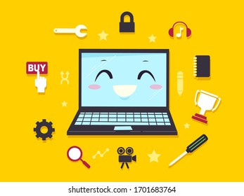 Illustration of a Laptop Mascot with Program Icons from Lock, Magnifying Glass, Trophy to Settings