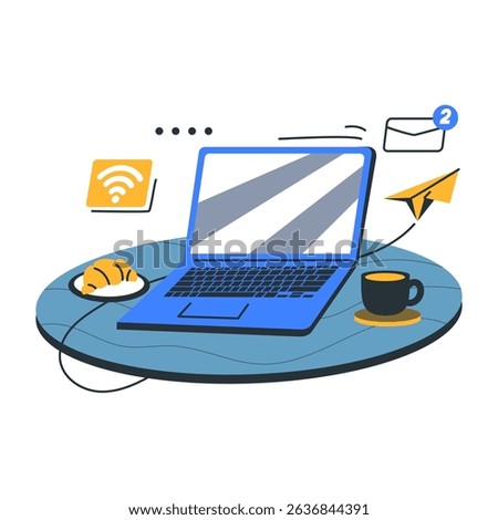 Illustration of a laptop on a round table with a cup of coffee, croissant, wifi icon, and email notifications showing active digital communication and remote work environment.
