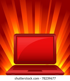 illustration of laptop on shining red background