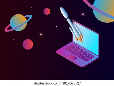 Illustration of laptop in outer space with rocket flying out of screen