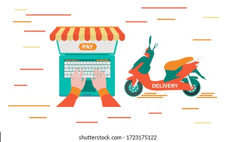 Illustration, laptop with a pay button, next to a scooter with the words Delivery. Vector image in flat design style.