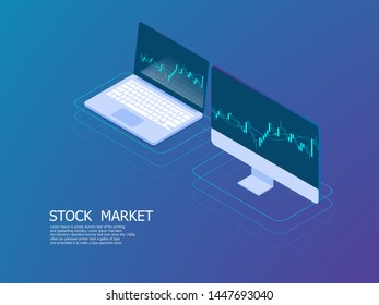 illustration of laptop and pc with candle stick graph for stock market business vector isometric background
