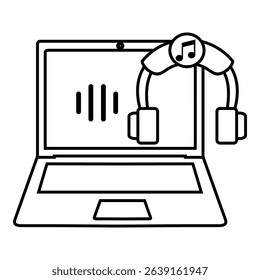 Illustration of a laptop playing music, shown with sound bars on screen and headphones featuring a musical note symbol. Icon design vector symbol.