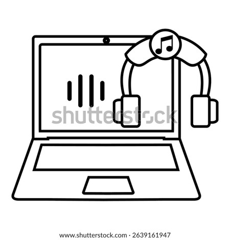 Illustration of a laptop playing music, shown with sound bars on screen and headphones featuring a musical note symbol. Icon design vector symbol.