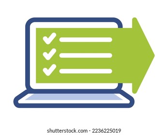 Illustration of laptop with review documents and arrows. Online guide support for verification access, survey access.