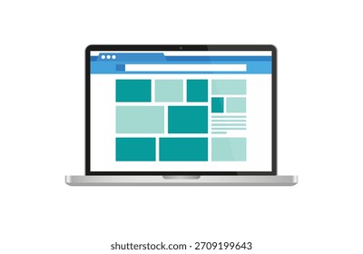 Illustration of a laptop screen displaying a responsive website layout with various green colored content blocks