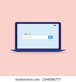 Ilustración de una laptop con un motor de búsqueda en la pantalla. Buscar en Internet profesionalmente