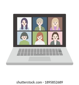 Illustration of a laptop showing the video of an online meeting