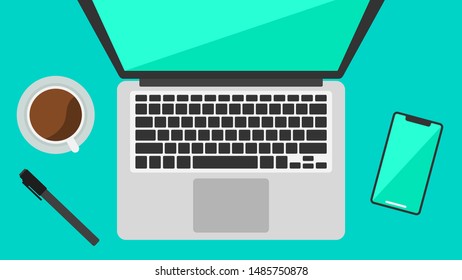 Illustration of a laptop, smartphone, pen, and a cup of coffee viewed from top in flat color style.