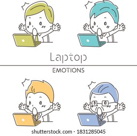 Ilustración de una laptop y un hombre sorprendido.